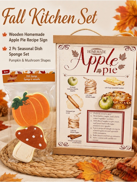 Seasonal Other - Wooden Apple Pie Recipe decor & 2 Fall Sponges NEW